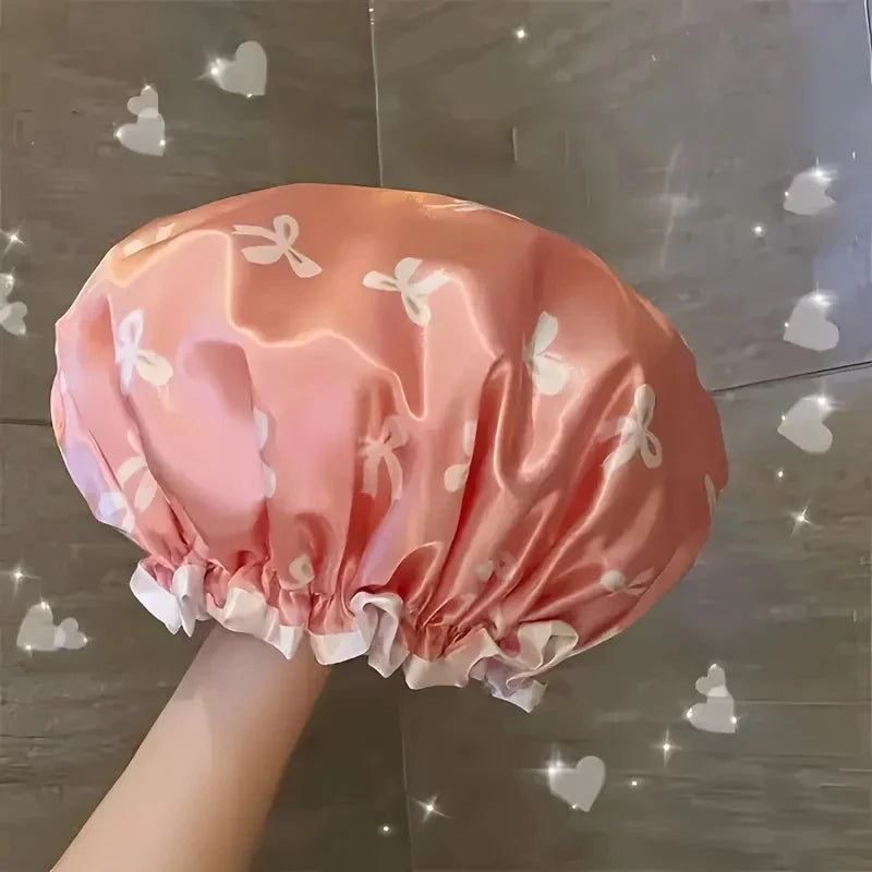 1Pc Double Layered Shower Cap for Women'S Waterproof Foldable Printed Design Bath Cap Kitchen Oil Fume Dust Prevention Headgear