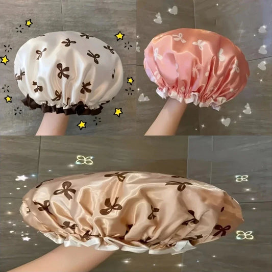1Pc Double Layered Shower Cap for Women'S Waterproof Foldable Printed Design Bath Cap Kitchen Oil Fume Dust Prevention Headgear