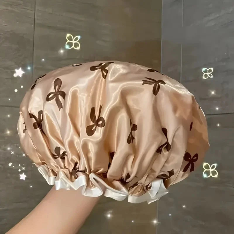 1Pc Double Layered Shower Cap for Women'S Waterproof Foldable Printed Design Bath Cap Kitchen Oil Fume Dust Prevention Headgear