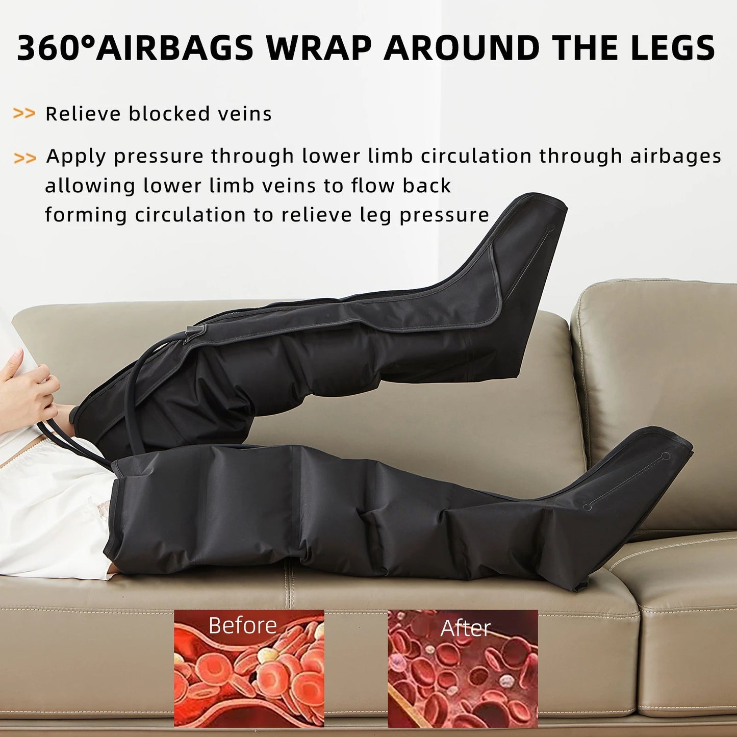 Foot air pressure leg massager promotes blood circulation, body massager, muscle relaxation, lymphatic drainage device 360°
